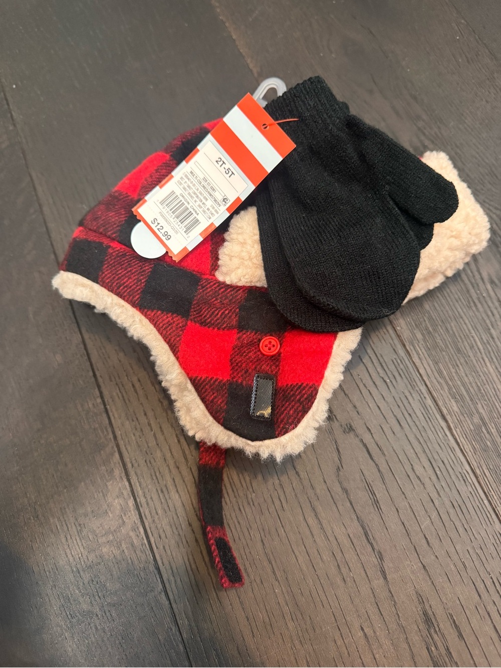 Cat & Jack Red and Black Buffalo Plaid Trapper Hat with Black Mittens